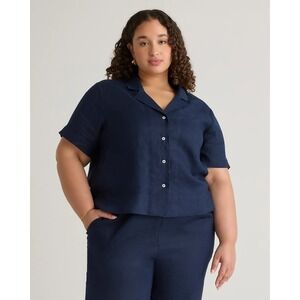 Quince 100% European Linen Short Sleeve Camp Shirt Navy Blue Plus Size 1X